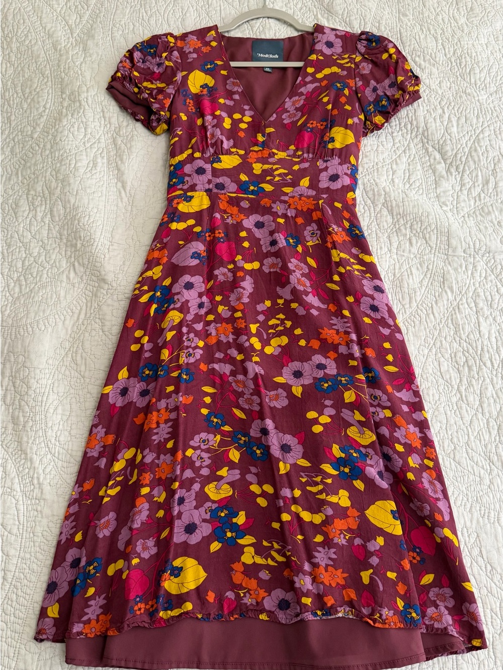 Modcloth Burgundy Floral Midi Dress with Yellow, Pink & Blue Accents